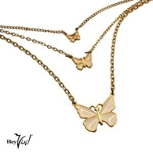 Vintage 3 Tier Chain Necklace with Ivory Enameled Butterflies 17" Long - Hey Viv